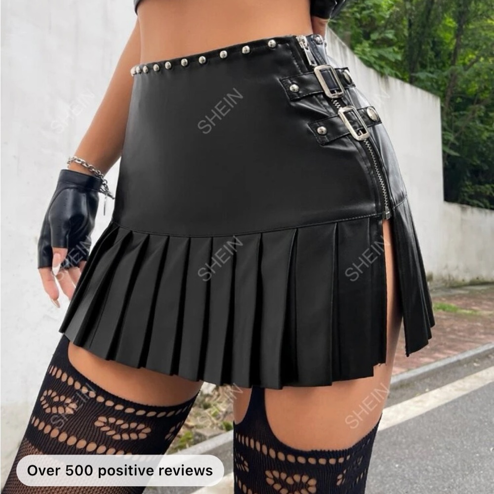 SHEIN ICON Studded Detail Buckled Zipper Side Pleated PU Leather Skirt